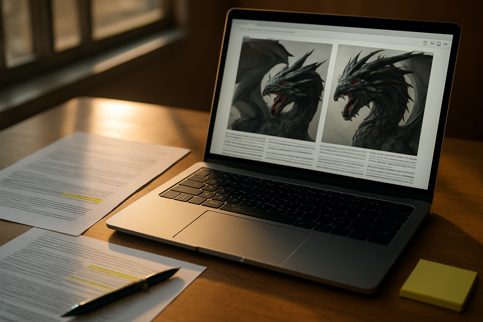 Comparaison de deux fiches avec dragons noirs aux yeux rouges, écran d’ordinateur et documents imprimés
