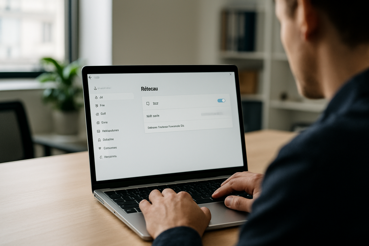 Personne consultant les paramètres réseau sur un ordinateur portable, écran affichant les détails de l’interface réseau et l’adresse MAC