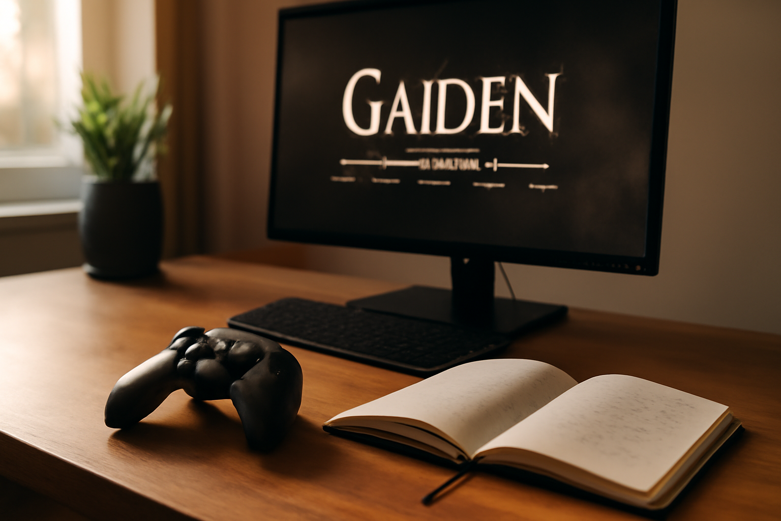Jeu vidéo sur écran montrant le titre « Gaiden » et un écran de chronologie, ambiance studio, lumière douce