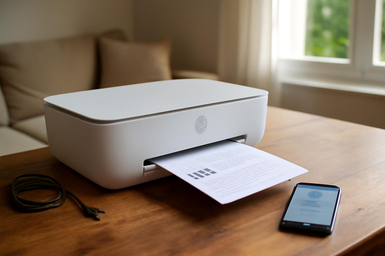 Imprimante HP Deskjet posée sur un bureau, câble USB et téléphone à proximité, lumière naturelle