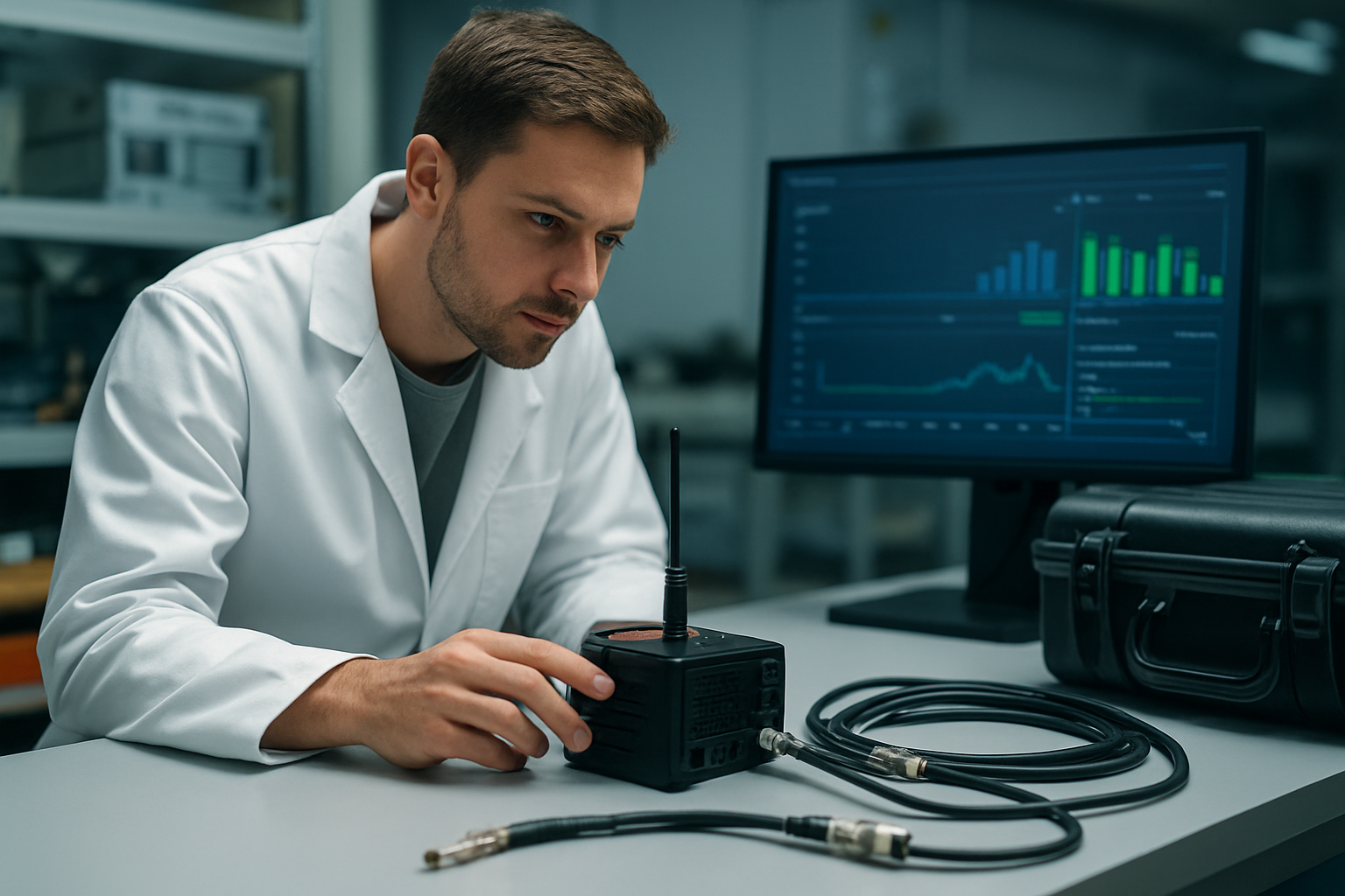 Technicien observant un équipement radio et un écran de diagnostic réseau dans un environnement technique