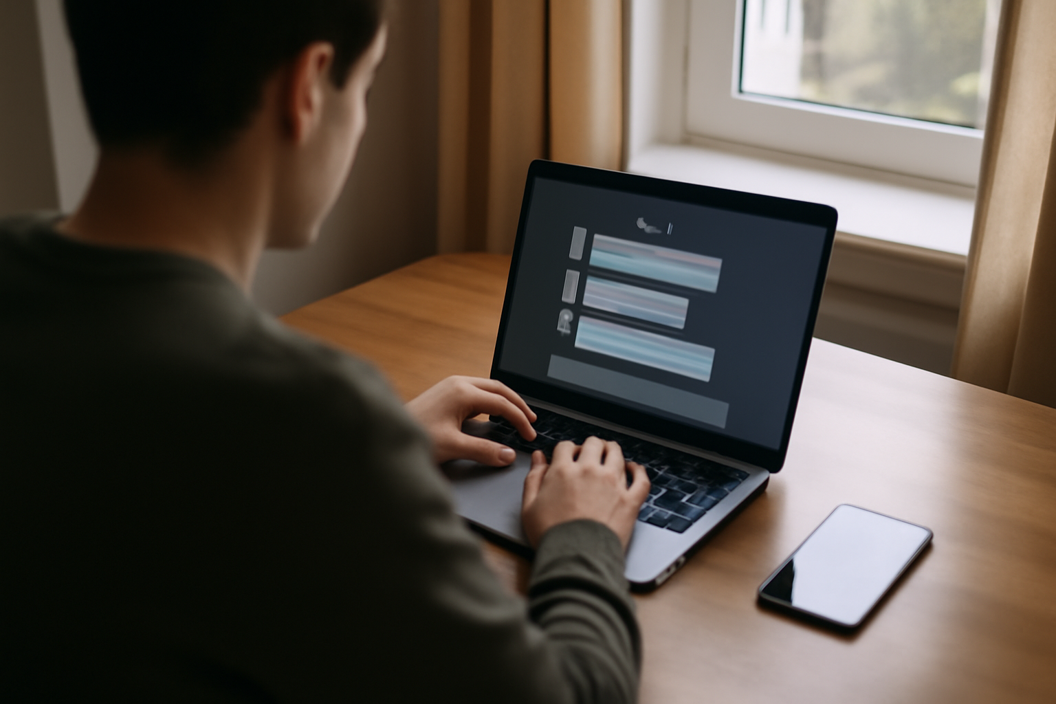 juicychat.ai sur un ordinateur portable avec écran affichant une interface de chat IA, lumière naturelle et clavier visible