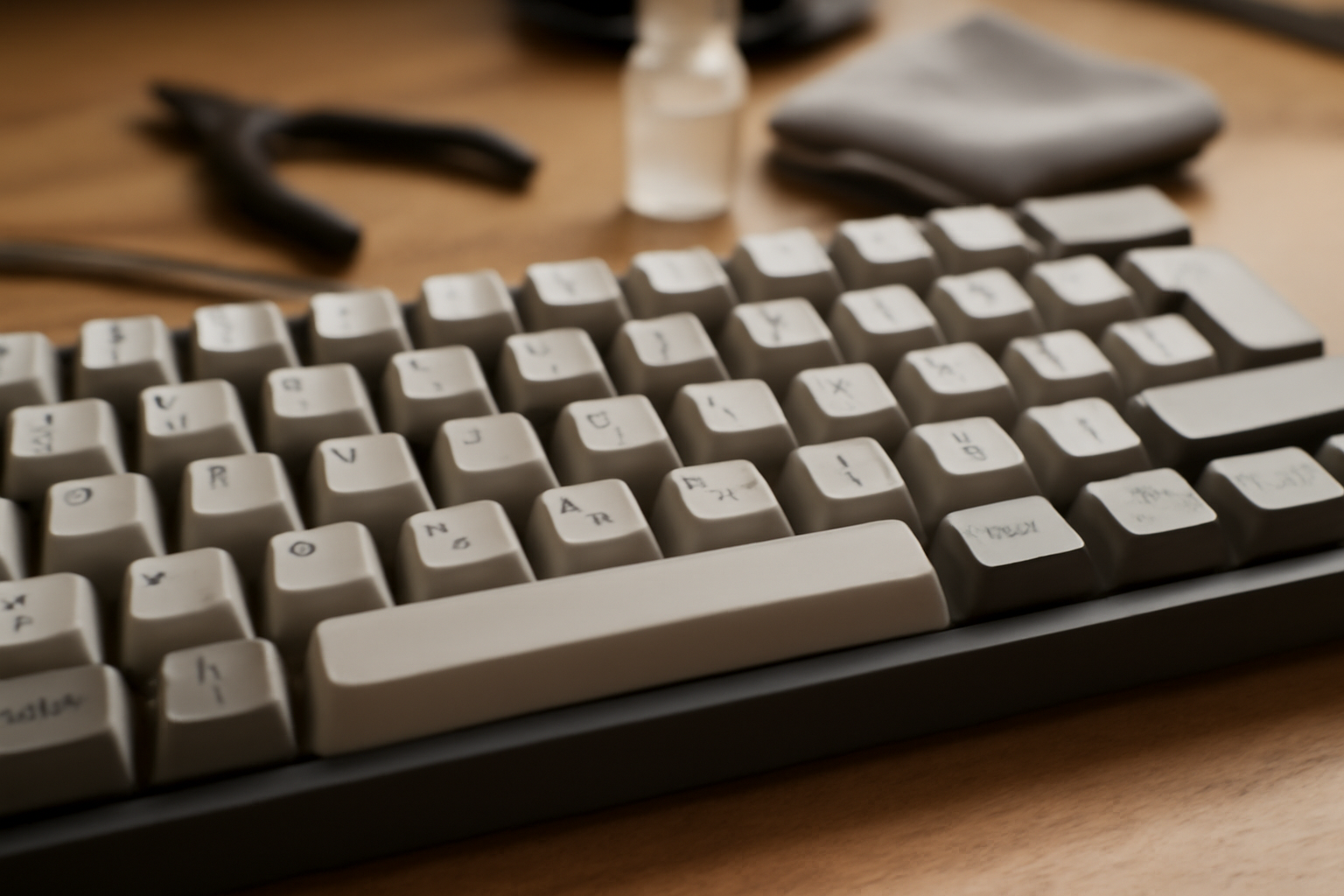 Keycaps azerty ISO-FR sur un clavier mécanique rétroéclairé en atelier
