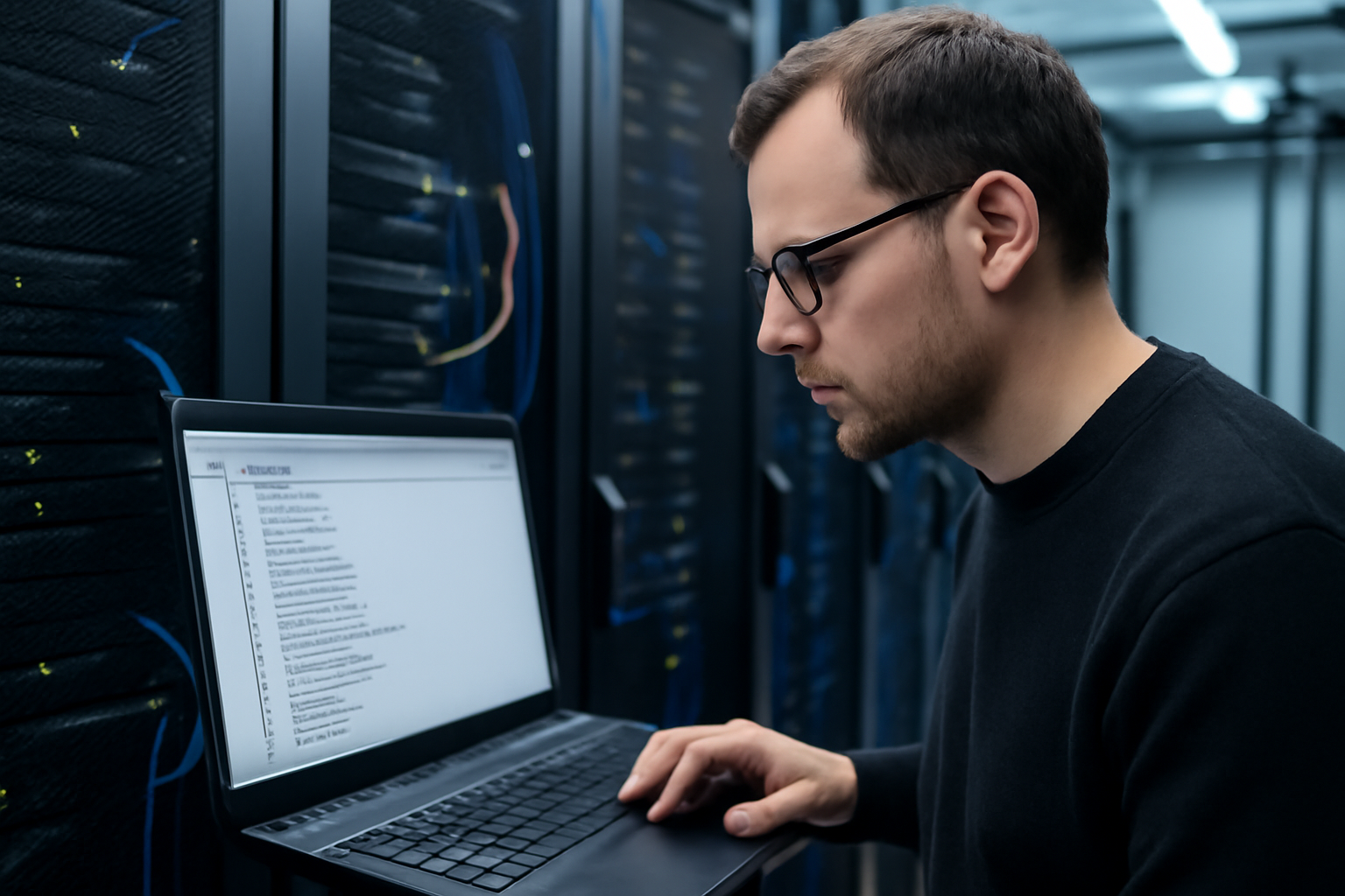 Technicien informatique consultant l’arborescence du Managed Object Browser sur un écran, interface web VMware vCenter, ambiance salle serveurs