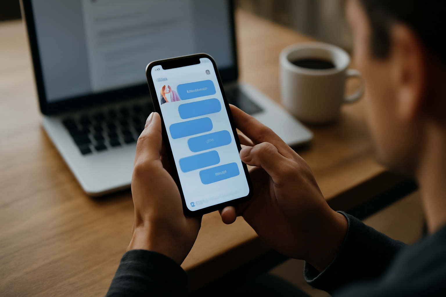 Capture réaliste d’utilisation de moemate sur smartphone, interface de compagnon IA avec personnage et conversation