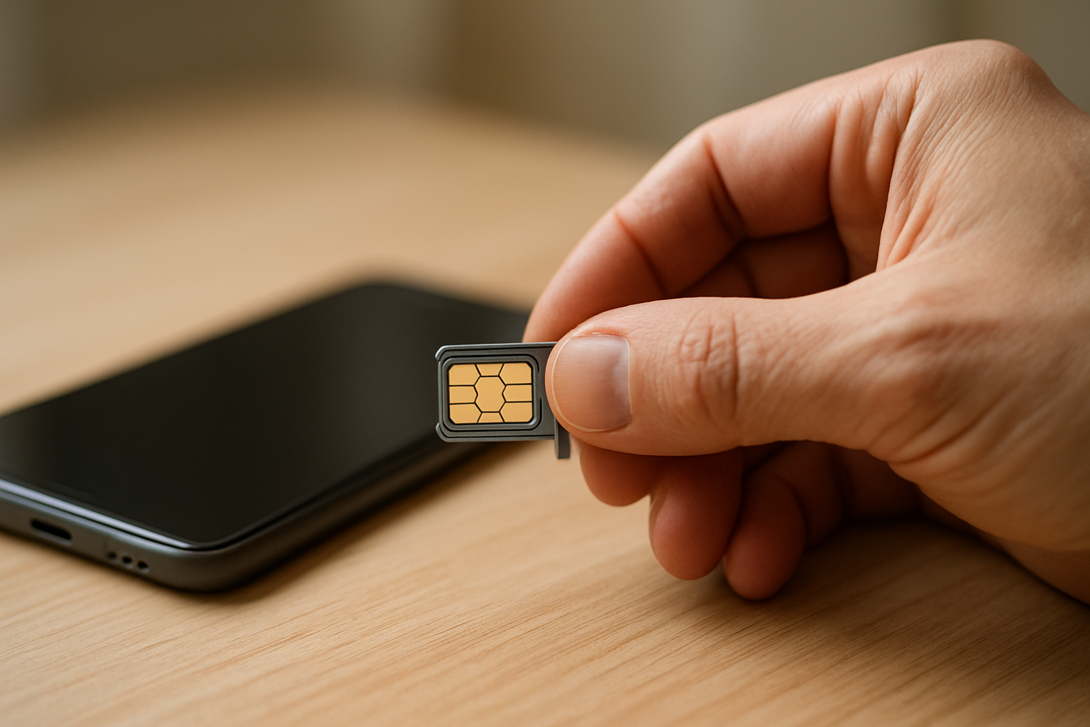 Carte SIM retirée et contacts visibles sur un smartphone, mode avion à vérifier à l’écran, lumière naturelle