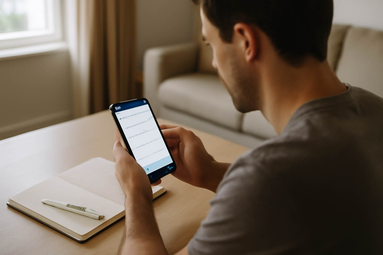 Participant saisissant des mesures sur un smartphone lors d'un essai clinique à domicile, lumière naturelle, interface de formulaire sécurisée