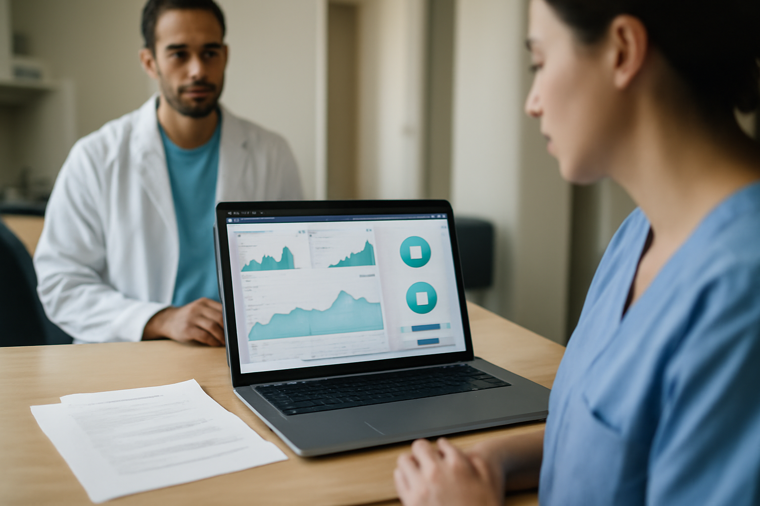 Équipe de recherche clinique consultant un tableau de bord de données saisies à distance sur un ordinateur portable dans un bureau