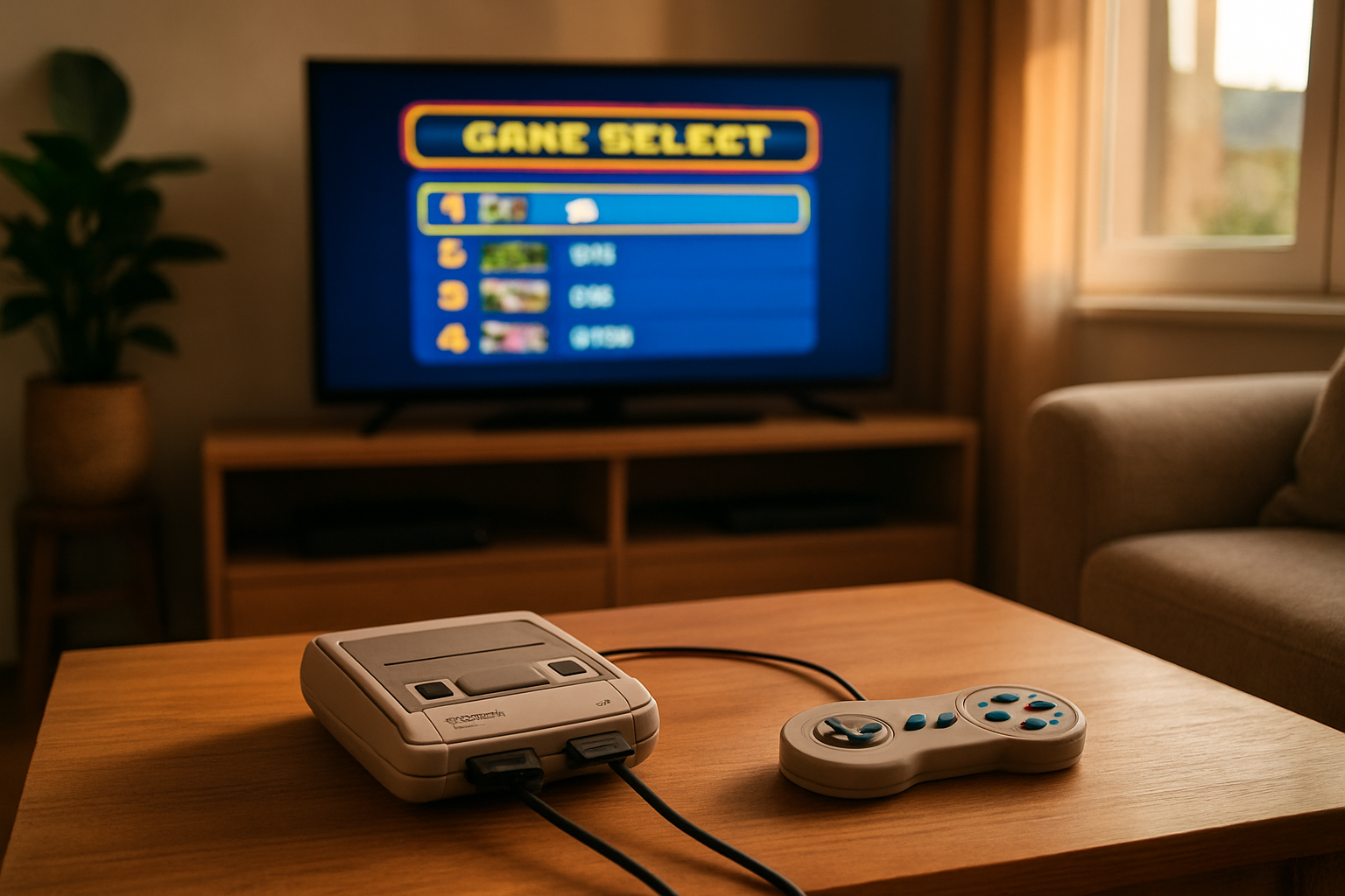 Retro console rétrobranchée en HDMI sur une TV récente, manette à la main dans un salon lumineux