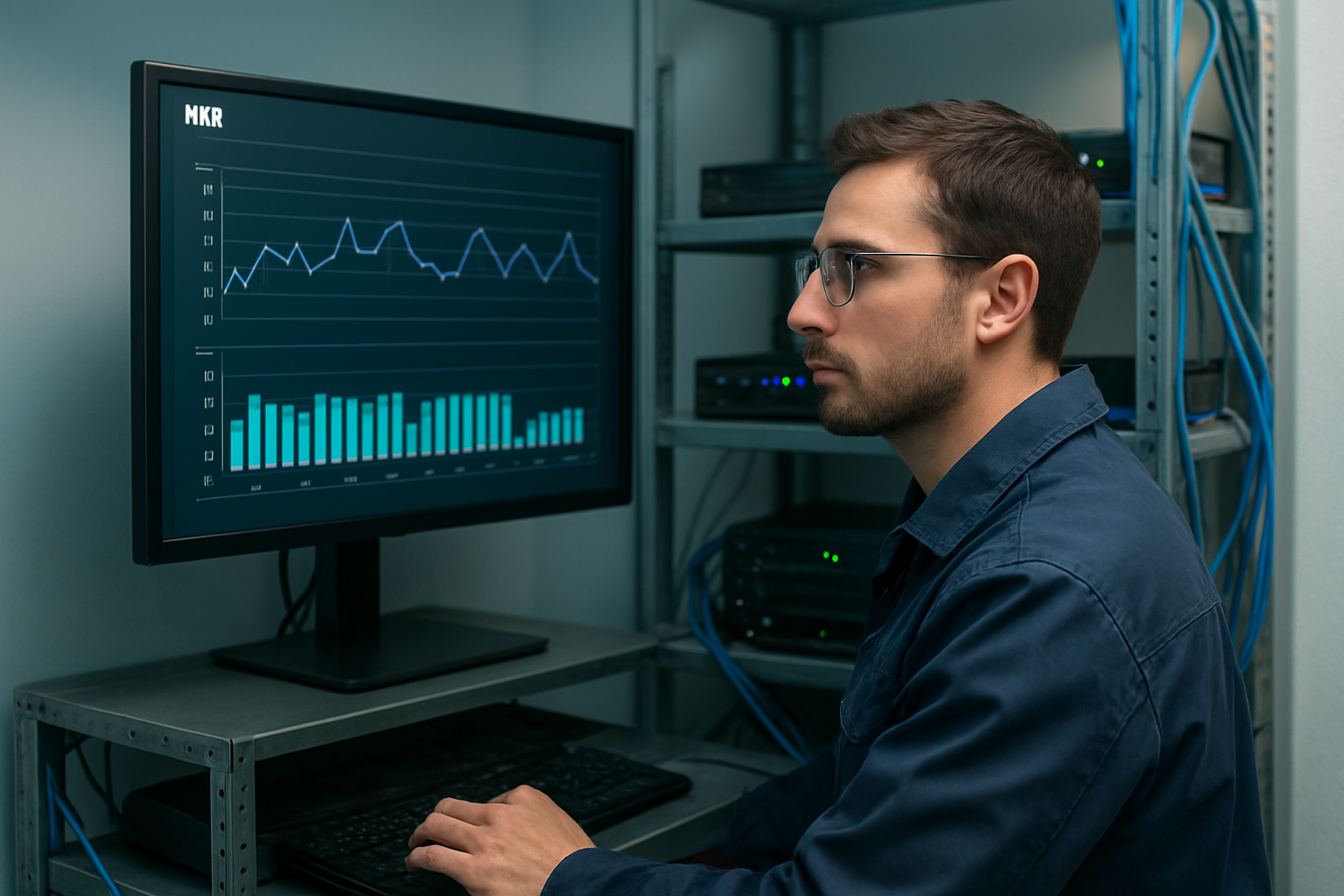 Technicien configurant un NVR et consultant le débit vidéo sur un écran