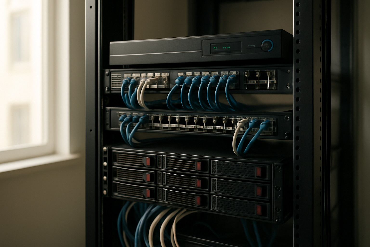 Vue réaliste d’un rack réseau avec NVR, disques et câbles Ethernet, éclairage de salle technique