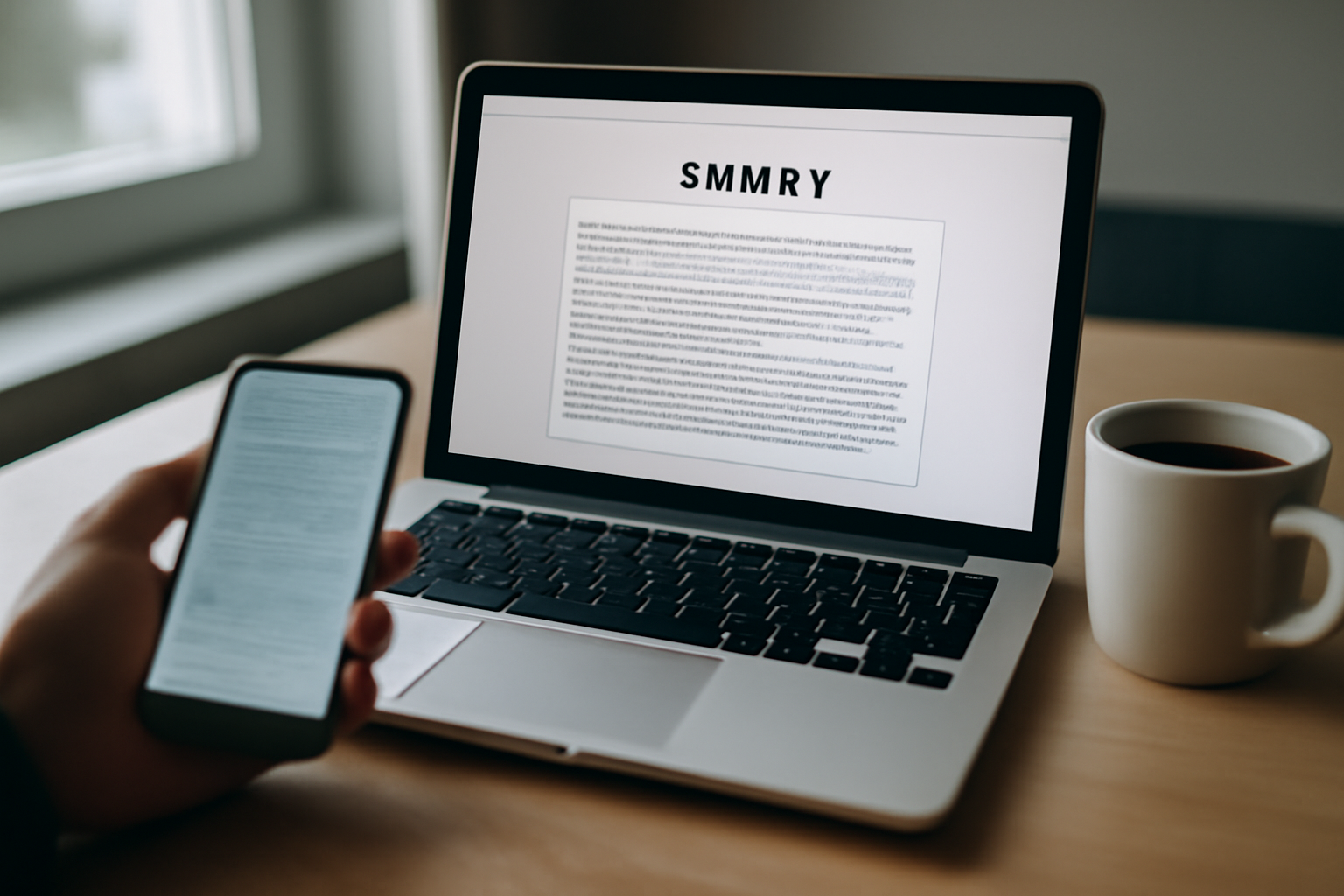 Interface de SMMRY sur un ordinateur portable, texte copié-collé dans une zone de saisie, lumière naturelle dans un bureau