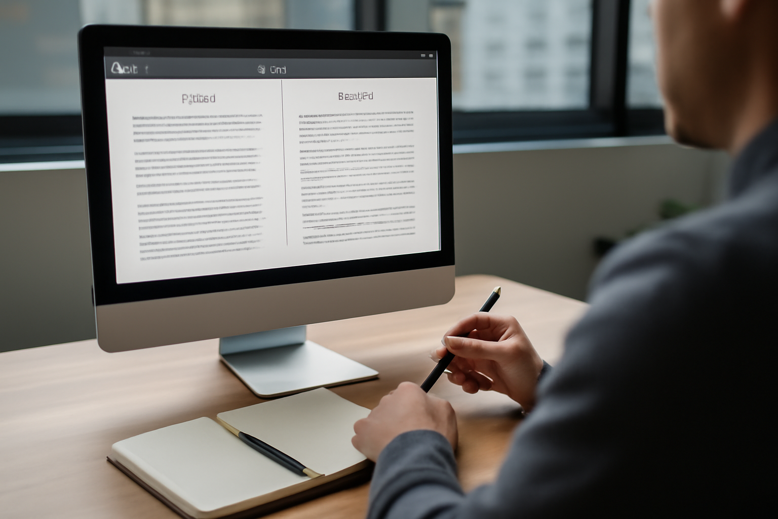 Personne au bureau comparant un texte original et un résumé reformulé sur deux onglets du navigateur