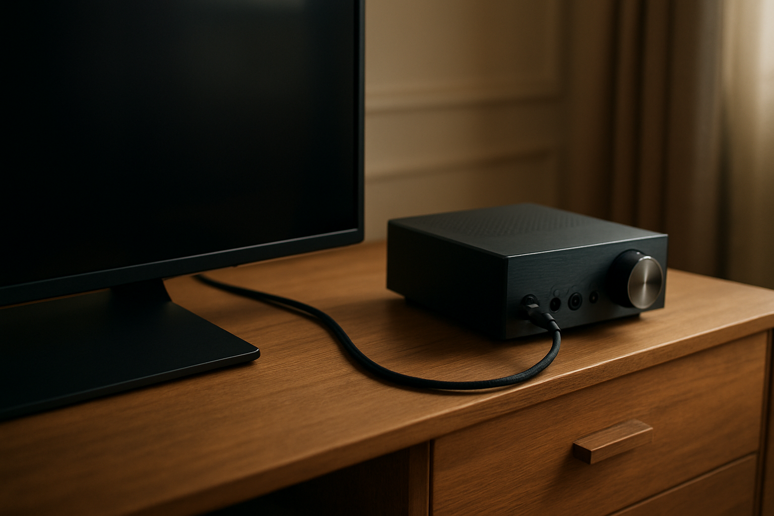 Câble optique Toslink branché à l’arrière d’une TV, avec un ampli relié en entrée numérique