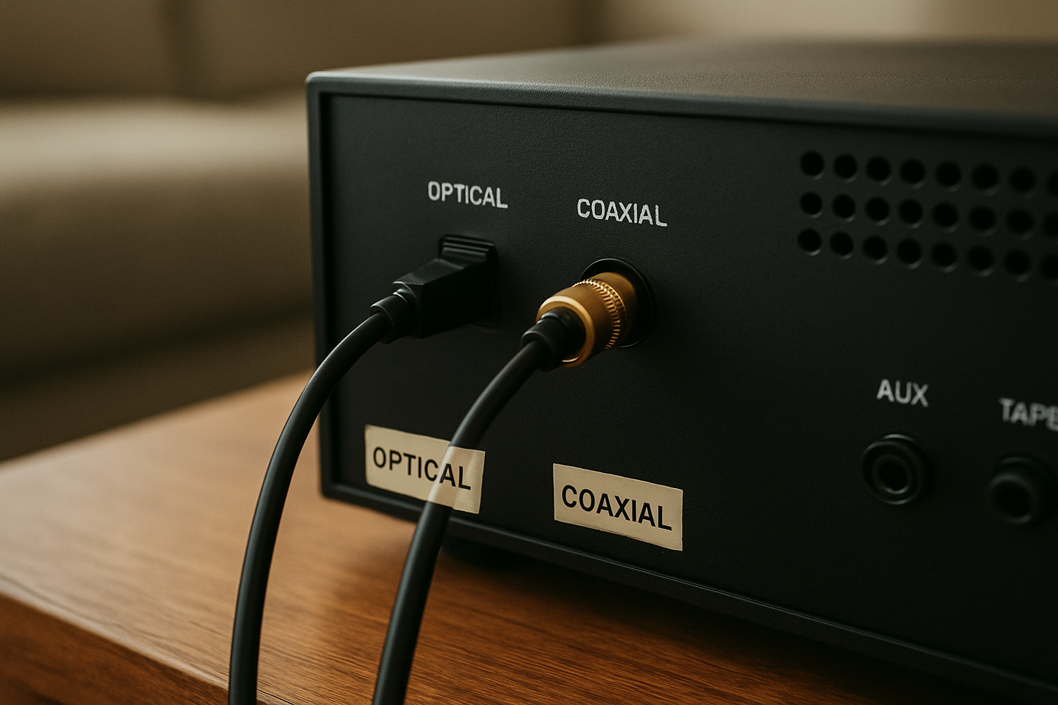 Arrière d’un ampli avec entrées numériques optiques et coaxiales, câbles bien étiquetés