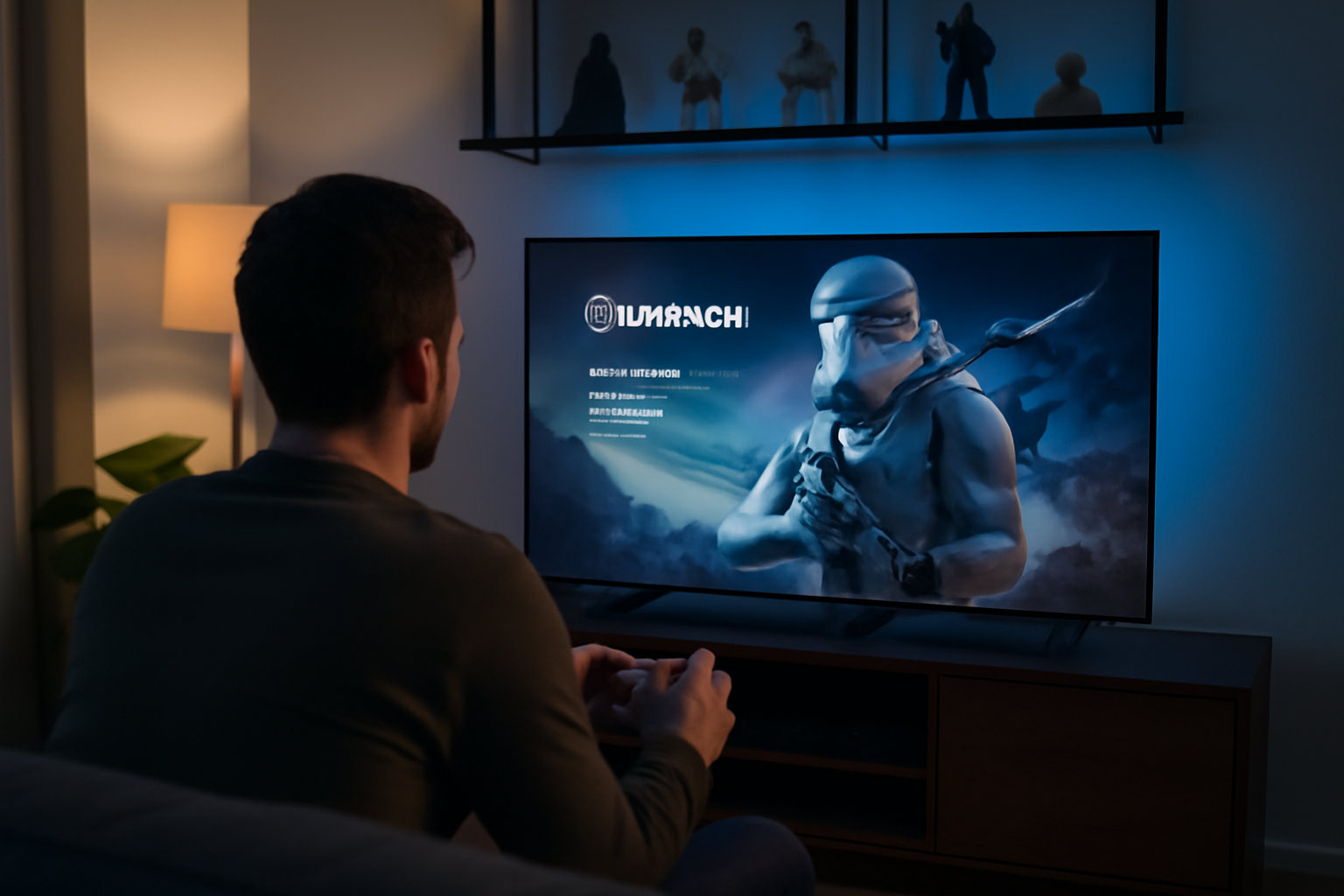 Joueur devant une console jouant à Star Wars Battlefront 3, ambiance cinéma sur une planète fictive, lumière froide