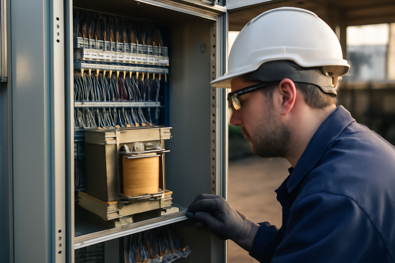 transformateur d’isolement dans un tableau électrique industriel, câbles et marquages de sécurité