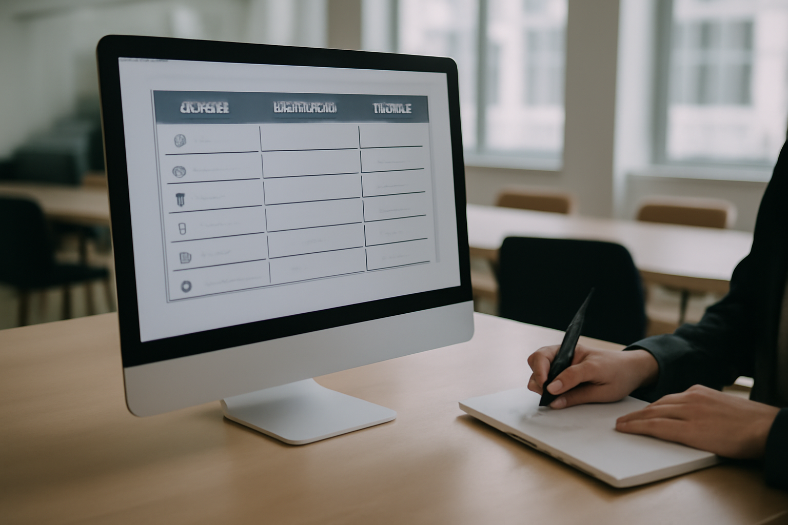 Workflow de production vidéo IA : script, génération, correction et export affichés sur un écran, style photo réaliste