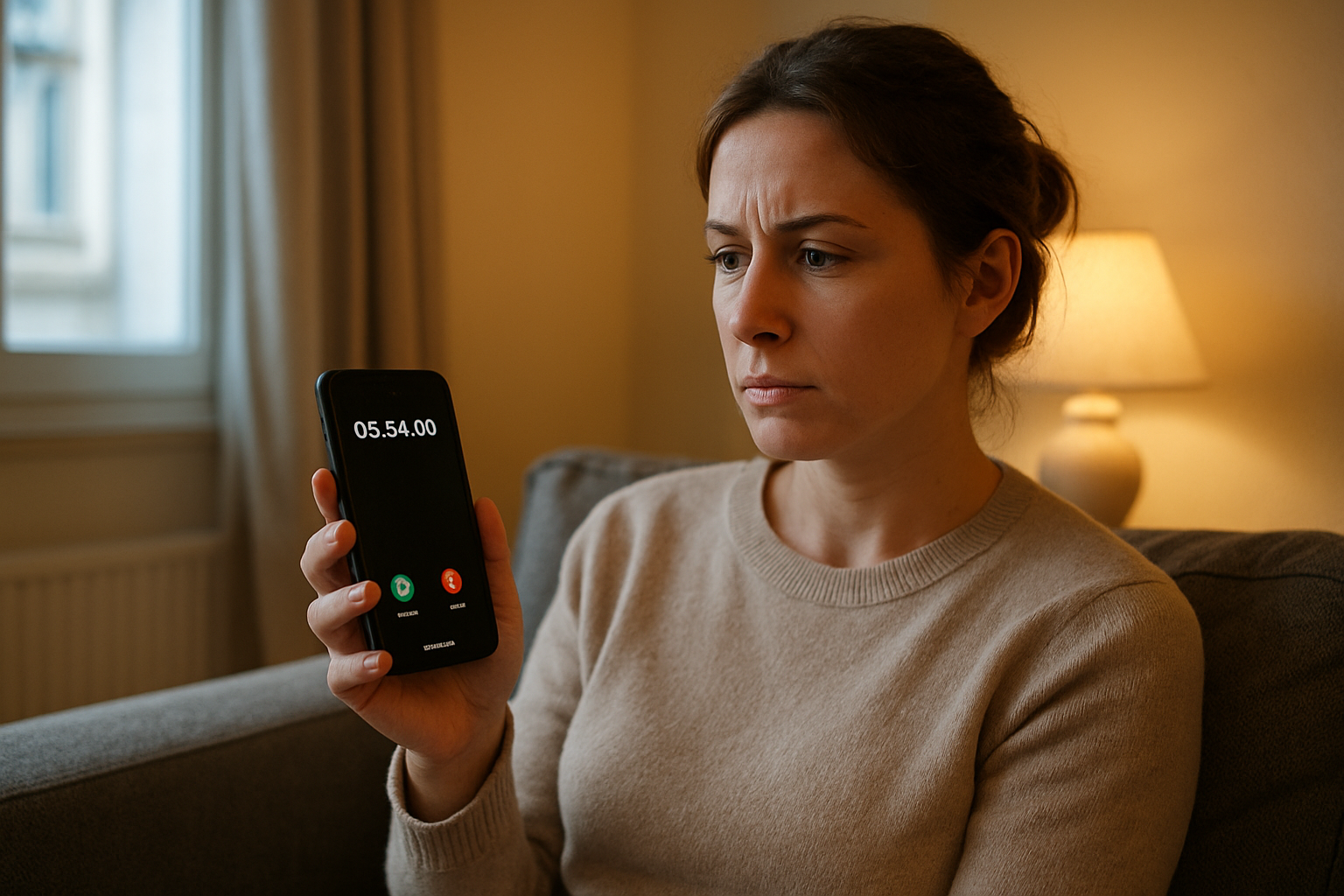 Personne en train de regarder l’écran d’un téléphone avec un appel entrant provenant d’un numéro commençant par 05 68, environnement domestique le soir, lumière naturelle