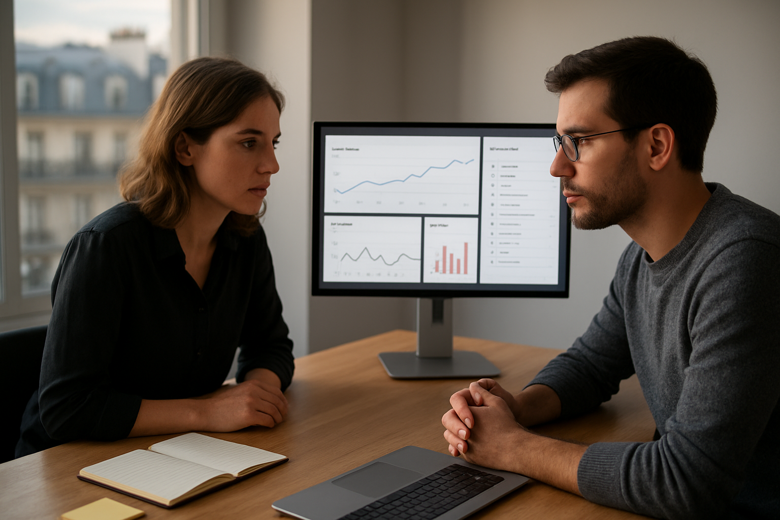Équipe produit devant un tableau de bord de métriques et un backlog de fonctionnalités autonomes, lumière naturelle dans un bureau moderne