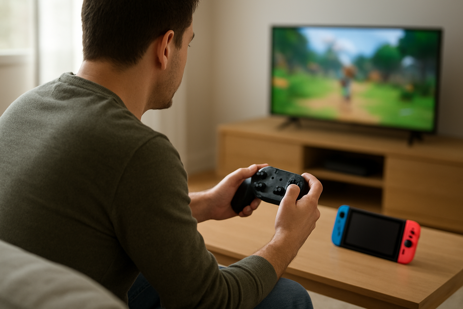 Joueur tenant une manette Switch Pro près de l’écran, lumière naturelle dans un salon