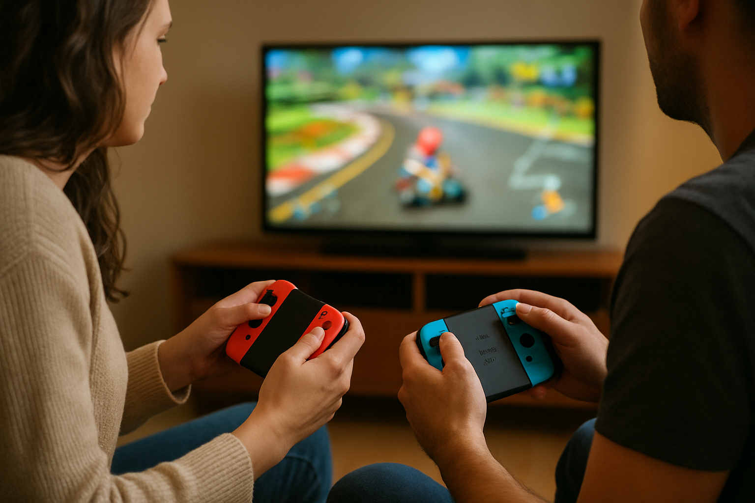 Deux joueurs jouant avec des Joy-Con sur Nintendo Switch, écran TV et manettes visibles