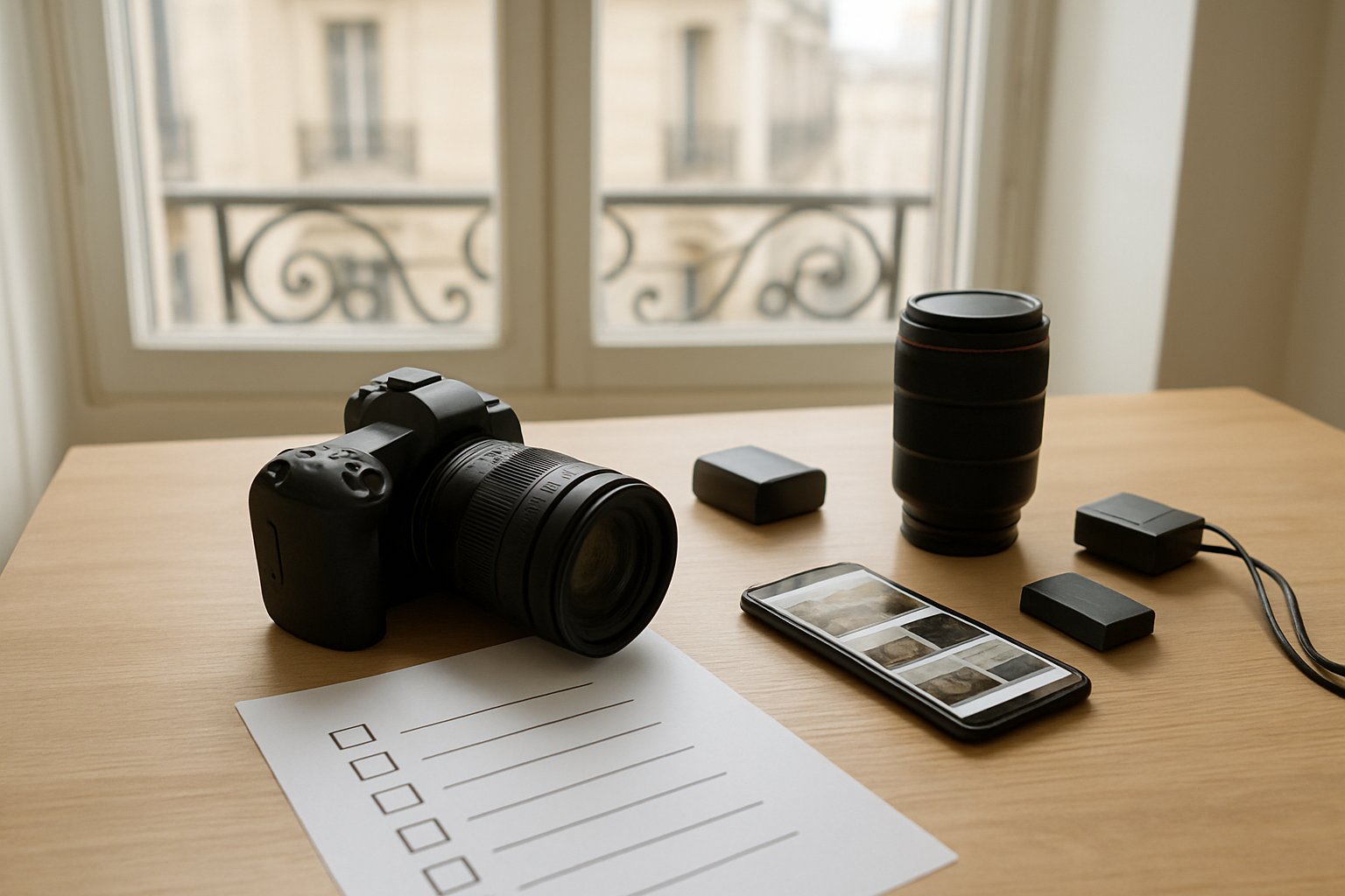 Appareil photo et objectif sur une table, photos nettes et checklist pour vendre en sécurité