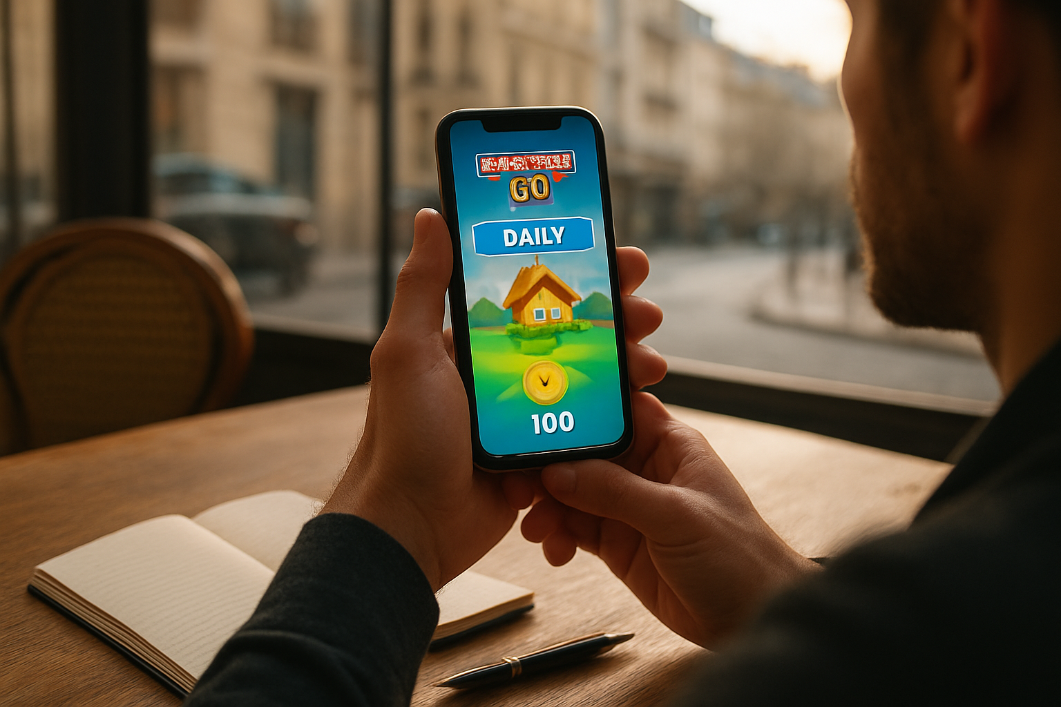 Joueur sur smartphone avec Monopoly GO, vérification des récompenses quotidiennes dans un café en lumière naturelle
