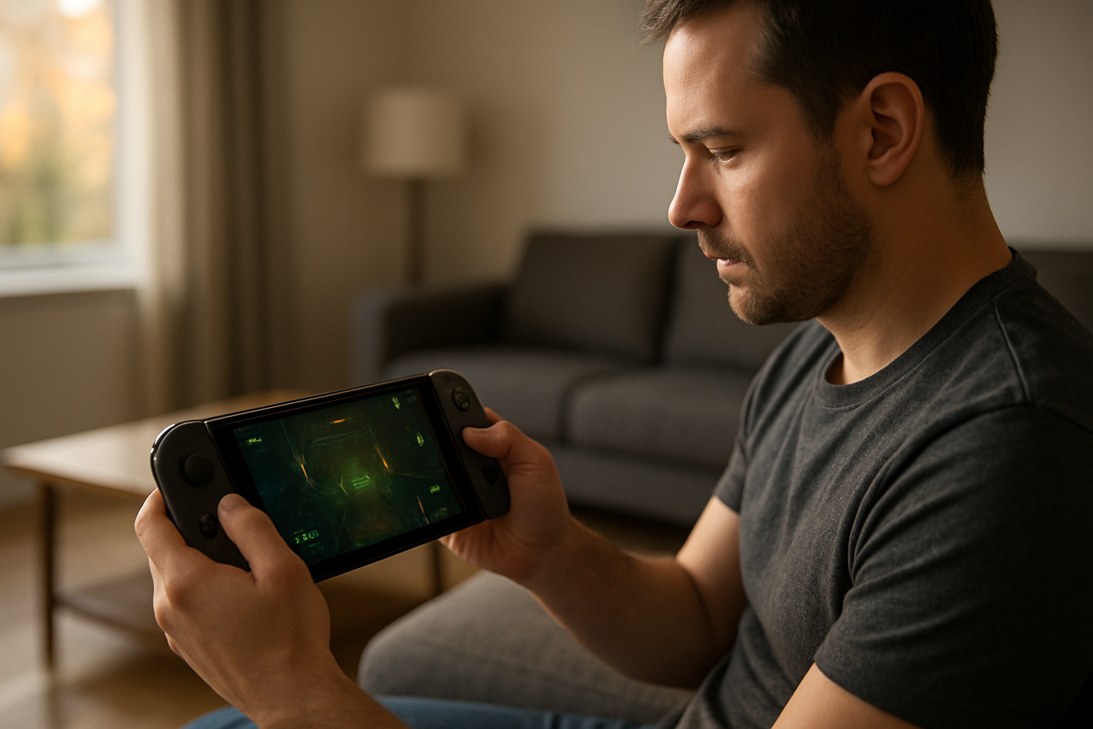 Un joueur en portable sur Switch 2 explorant un environnement futuriste de Metroid Prime 4 : Beyond
