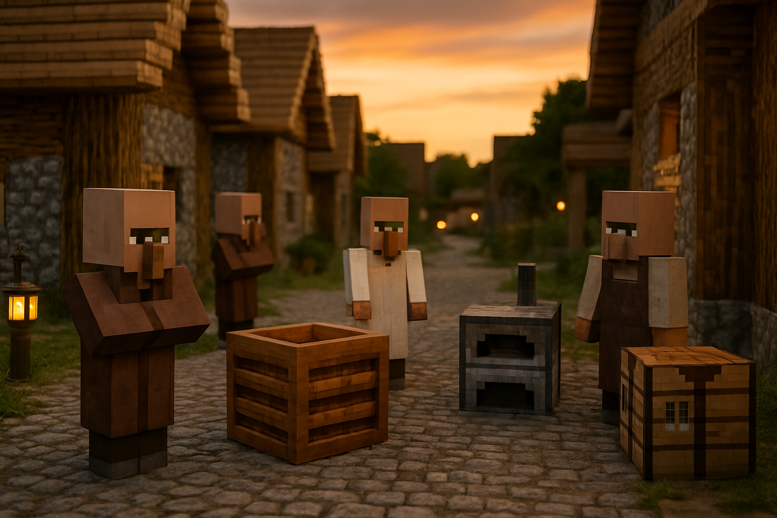 Village de Minecraft avec plusieurs villageois près de leurs blocs de travail, au crépuscule, lumière douce et chemins éclairés