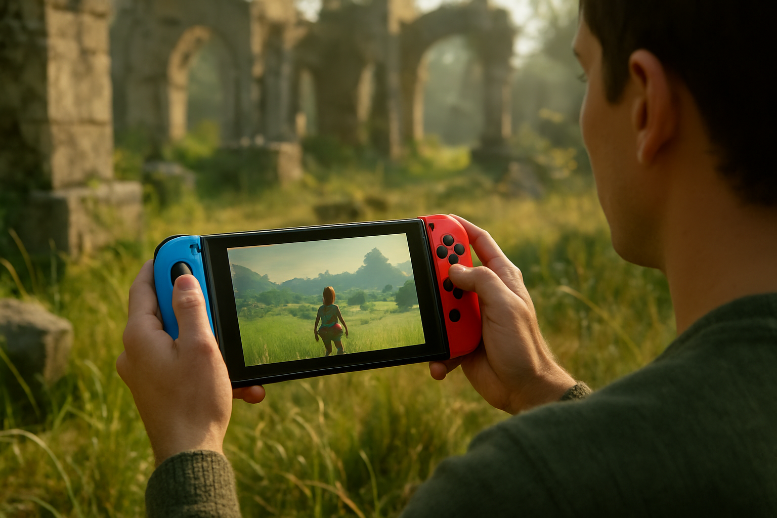 Link et Zelda observant une formation de ruines dans Echoes of Wisdom, lumière du matin sur Nintendo Switch